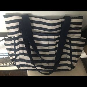 Navy and beige striped tote bag